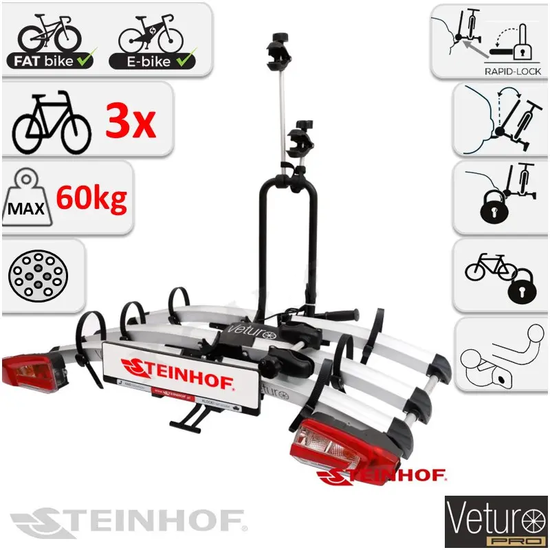 Foldable Veturo Pro 3 bike carrier for three bikes from Steinhof